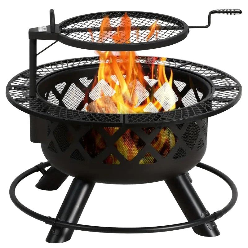 Round Black Metal Fire Pit with Grill