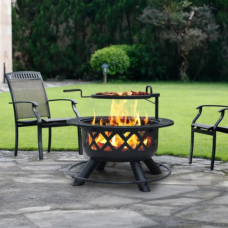 Round Black Metal Fire Pit with Grill