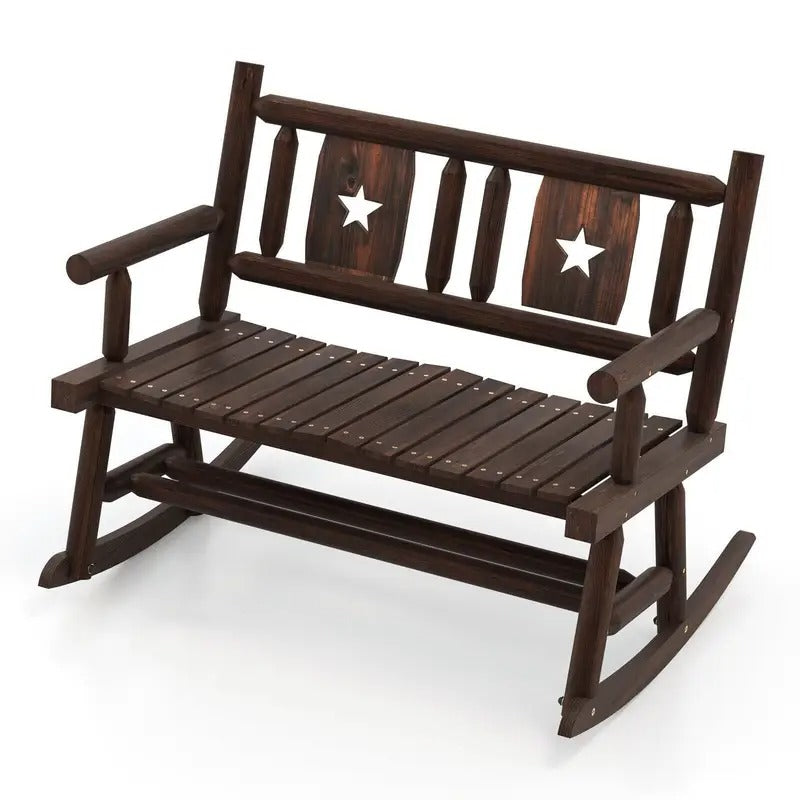 Star-Carved Wood Rocking Bench