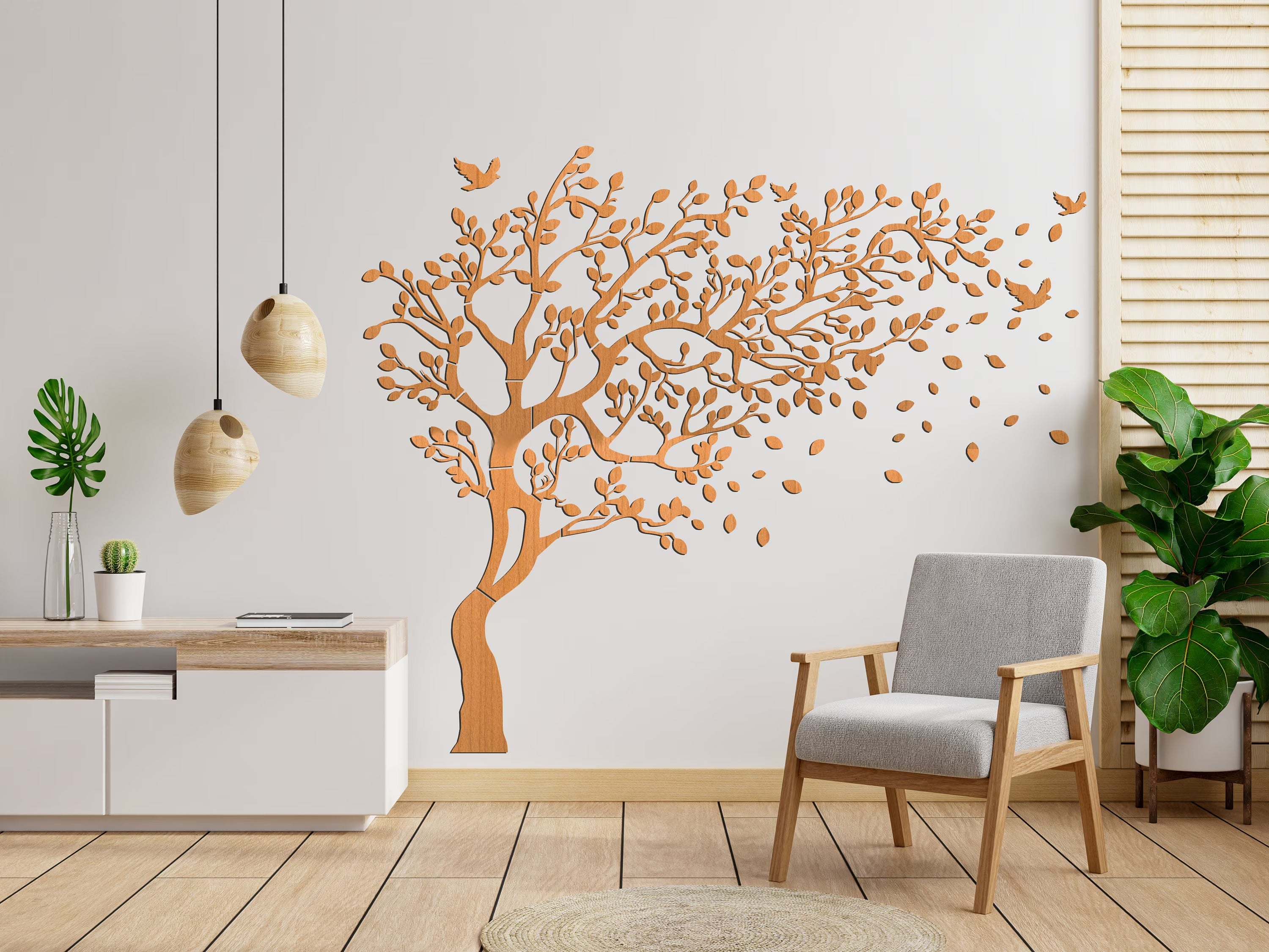 Wood-Cut Tree with Birds Wall Art